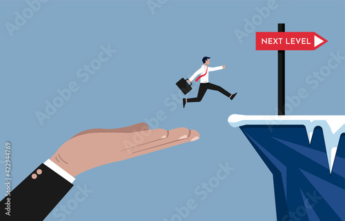 Big hand helping businessman to achieve higher level of business and career path vector illustration.