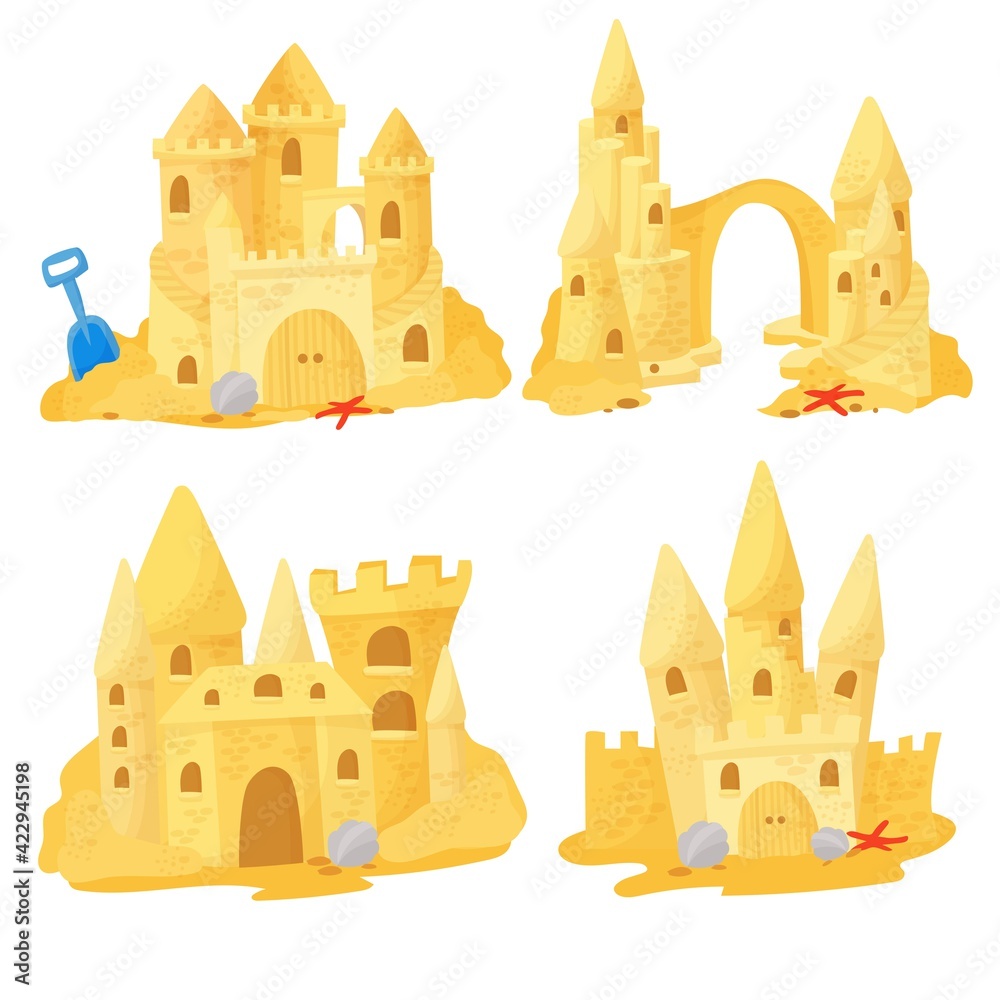 Sand castle on the beach. A set of buildings on the beach, games on the coast. Vector illustration isolated on white background.