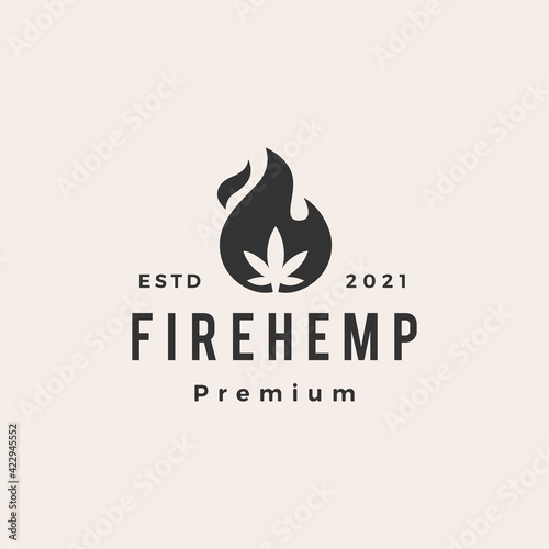 fire cannabis hemp flame hipster vintage logo vector icon illustration