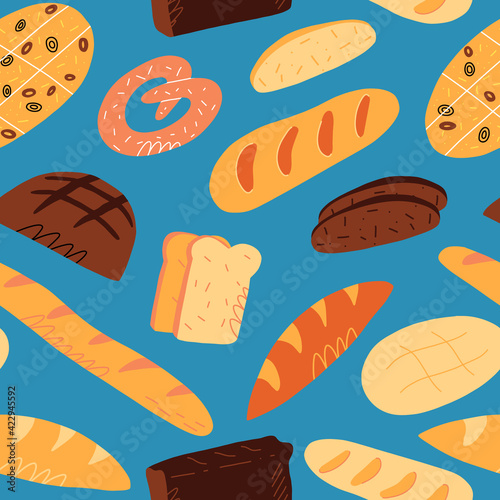 Cute hand-drawn seamless pattern with various traditional French, Italian and others bread soarts.