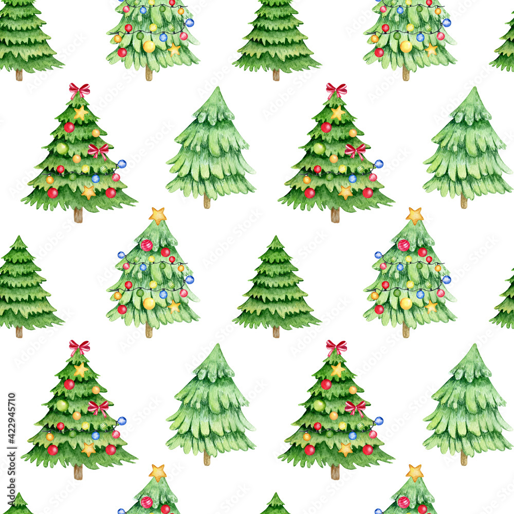 Watercolor seamless pattern with christmas trees on white background