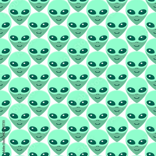 Seamless pattern with Aliens green heads. UFO, Humanoids endless backdrop isolated. Smiling visitors, Martians. Vector illustration, wallpaper on theme of space, conspiracy theory, Sci-fi, fantastic