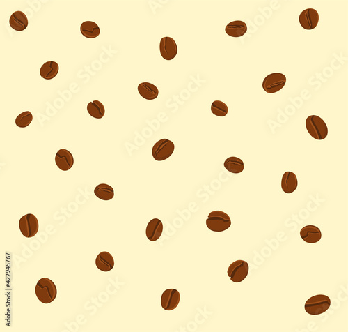 Brown coffee beans on a bodily background. Delicate, fragrant, oval,  voluminous coffee beans. 
Pattern for coffee shop, cafe, restaurant. Flat vector illustation