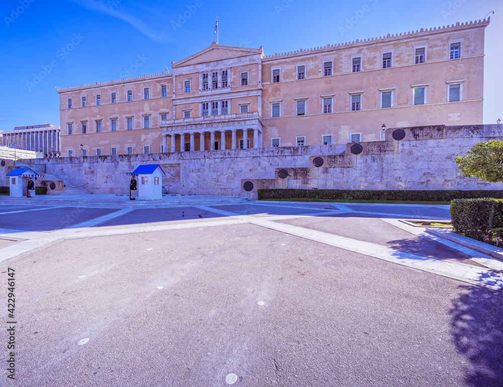 The Greek Parliament (ex King's palace) with the unknown soldier's tomb, Athens Greece