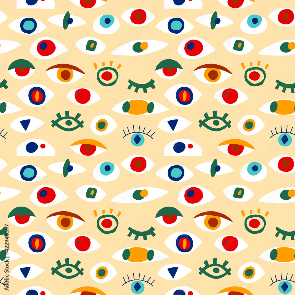 Eye abstract pattern with geometric shapes in contemporary style. Vector greek seamless pattern with look, eyes in modern collage style. Eye abstract pattern with geometric shapes in contemporary style. Vector greek seamless pattern with look, eyes in modern collage style.