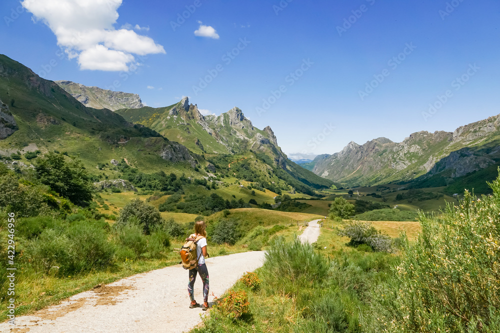 A girl with a backpack is looking to the mountains and there is a blue sky and some white clouds