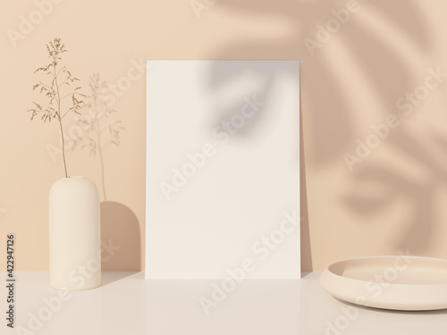 Empty A4 frame on modern boho scenery with shadow