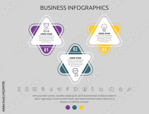 Modern and simple flat vector triangle infographic with 3 steps. Timeline for diagram, chart, web, banner, workflow layout, flowchart, info graph, content, levels, chart, processes diagram