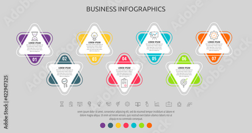 Modern and simple flat vector triangle infographic with 7 steps. Timeline for diagram, chart, web, workflow layout, presentations, flowchart, info graph, content, levels, chart, processes diagram