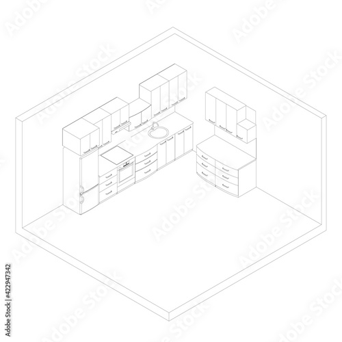 Contour of the kitchen with cooking utensils. Kitchen interier. Isometric view. Vector illustration