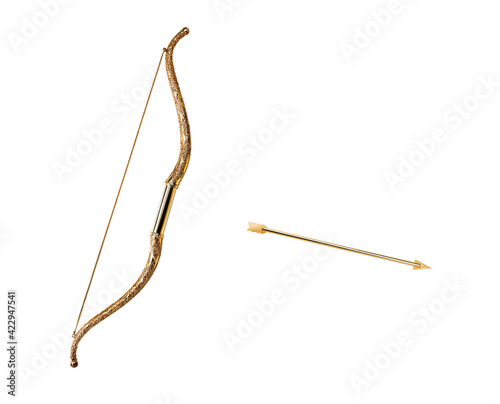 golden bow with arrow, isolated on white background 
