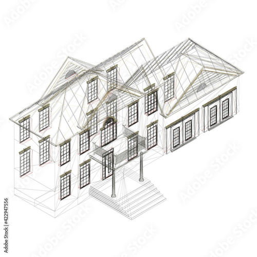 The outline of the house is two-story. Isometric view. 3D. Vector illustration