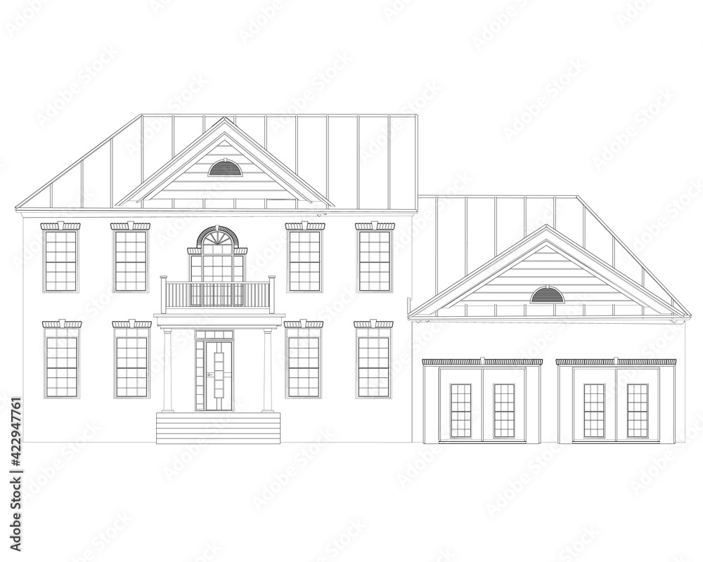 The outline of the house is two-story. Front view. Vector illustration