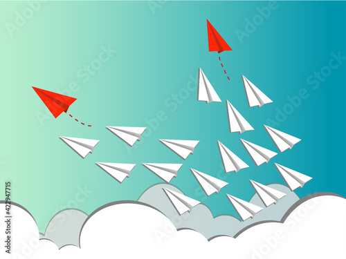 Meaningful symbols to leadership or different and Team work concept with red and white paper airplane path on blue background. Use for education or Business concept. Mock up design. 3d abstract.