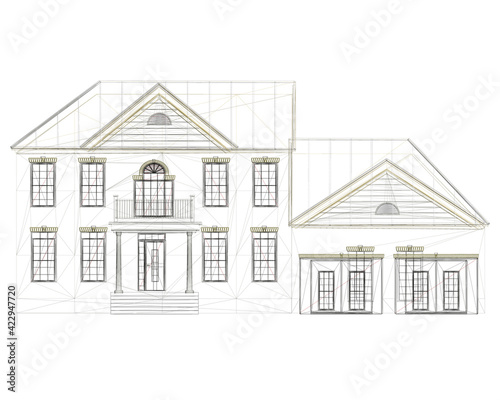 The outline of the house is two-story. Front view. Vector illustration