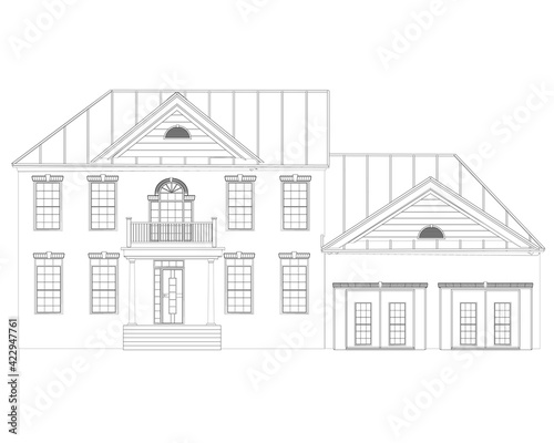 The outline of the house is two-story. Front view. Vector illustration