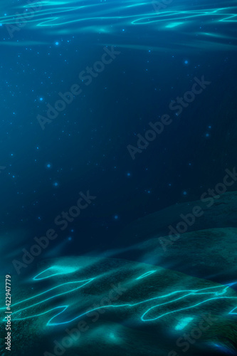 Light figure under water. Dark green water.  Depth of sea water, the bottom of the sea, the rays of the sun through the water, the underwater world, dark sea the background. 3d illustration  © MiaStendal