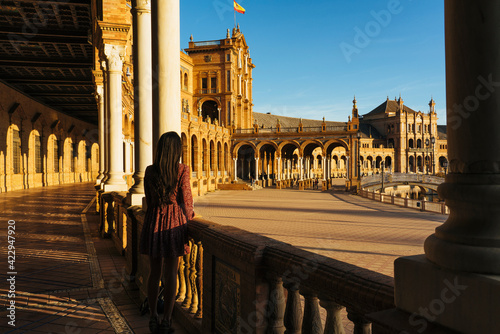 Fotografie Young and sexy woman tourist in Spain Square of Seville, place of Star Wars