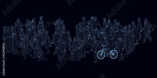 Wireframe of a crowd of people from blue lines on a dark background. People of different ages, in different positions. 3D. Vector illustration