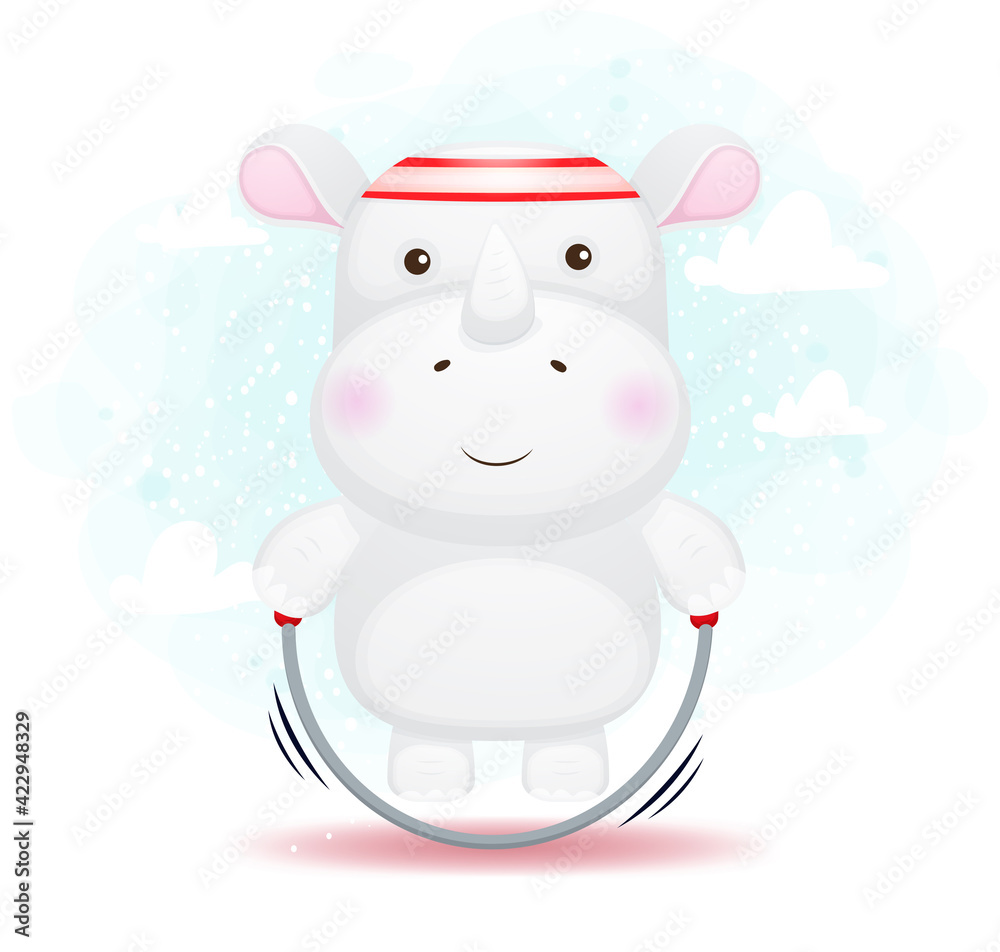Cute doodle little rhino jump rope exercise cartoon character Premium Vector Cute doodle little rhino jump rope exercise cartoon character Premium Vector