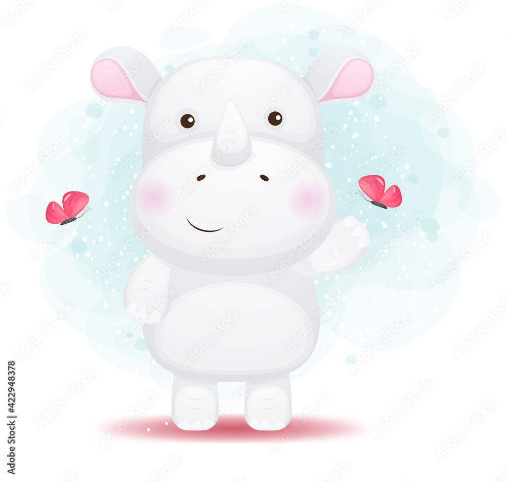 Cute doodle little rhino playing with butterfly cartoon character Premium Vector