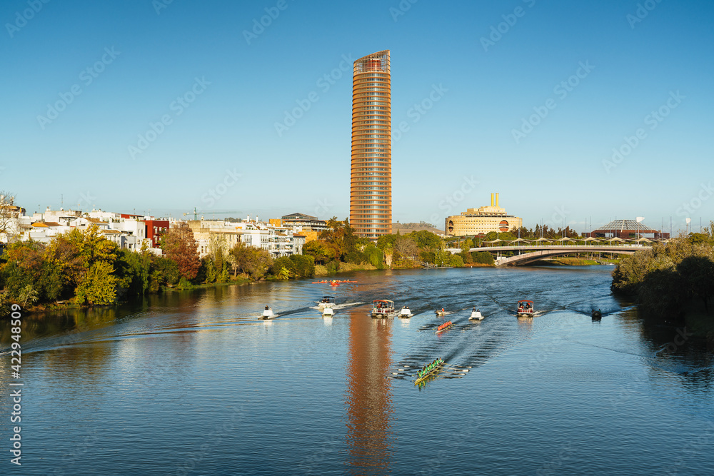 Naklejka premium View of river Guadalquivir canoe race Sevilla - Betis, in Seville, Andalusia, Spain