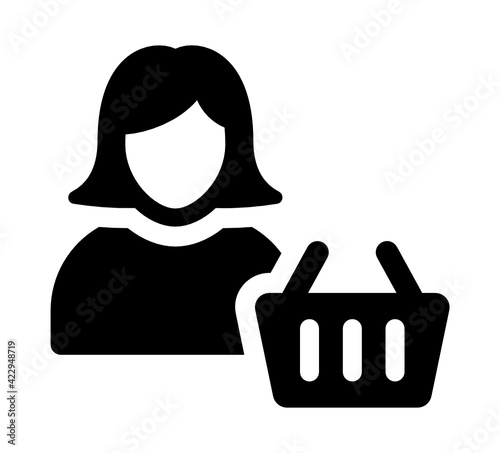 Woman customer, female client with shopping basket, consumer vector icon illustration.