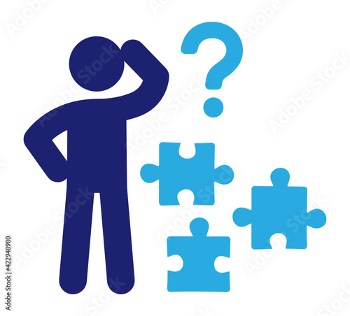 Man being dizzy and confused to unite or connect a puzzle pieces. Concept problems and solutions, think, brainstorm flat icon vector illustration.