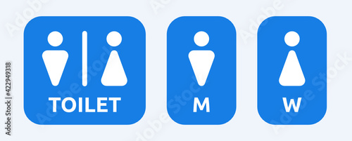 Toilet and restroom sign icon. Male, female symbol vector illustration on blue background.