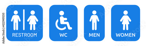 Toilet, Restroom, WC male and female symbols vector illustration on blue sign.