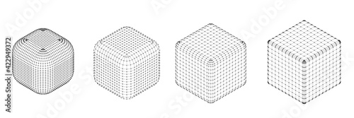 Cubes of dots and grid isolated on white color. Technology abstract art background. Collection of minimalistic geometric design sci-fi elements. Vector futuristic digital concept.