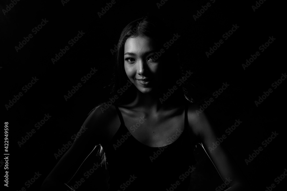Asian girl shows Eyes Face expression over Black & White