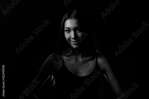 Asian girl shows Eyes Face expression over Black   White