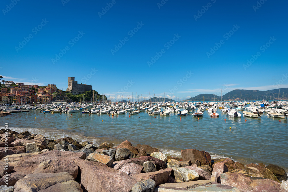 Port of Lerici town with many boats, tourist resort on the cost of Gulf of La Spezia, Liguria, Italy, Southern Europe.