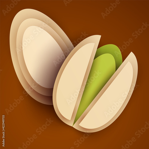Cartoon whole and half pistachio in modern geometric 3d paper cut style isolated on color background. Vivid creative vector art element. Minimalistic concept of abstract design illustration.