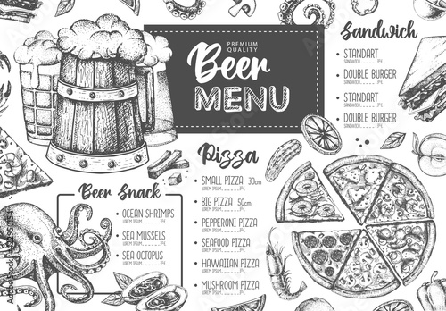 Restaurant beer menu design. Decorative sketch of beer and seafood snack. Fast food menu