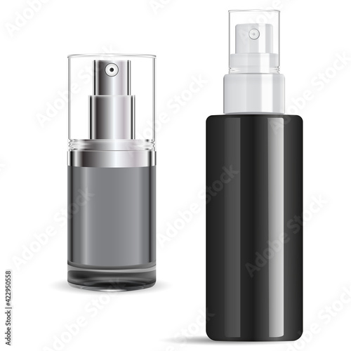 Serum spray bottle silver cap. Cosmetic pump bottleclear 3d illustration. Mist pump cap bottlefor face or hair aerosol pack. Air moisture, lotion mock up blank. Shiny glass container