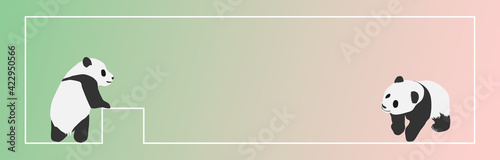 Frame background banner of children pandas staring at each other. vector illustration, landscape, copy space, web header, footer, green, pink, animal, cool