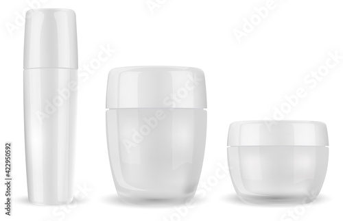 Cream jar mock up. Face creme cosmetic bottle. Glossy glass creme jar blank. Round clear plastic pack, cosmetic container, balm, powder, medicine canister, skin beauty tube 3d vector illustration