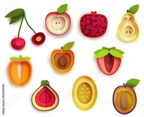 Collection cartoon icon fruits in layer paper cut style isolated on white background. Figs, apple, pear, cherry, melon, strawberry, peach, pomegranate, persimmon, plum. Vector colorful element.