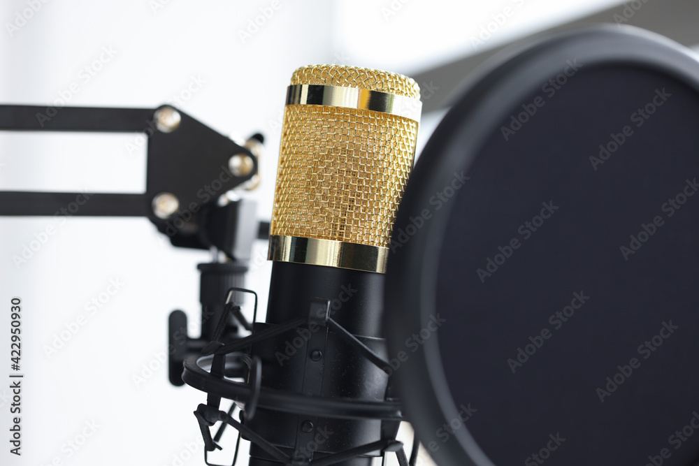 Closeup of golden microphone in recording studio Closeup of golden microphone in recording studio