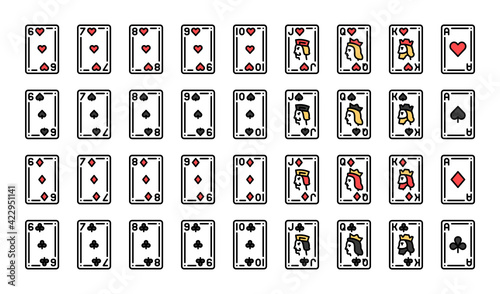 Collection playing cards olor line icon set. Gambling. Pictograms for web page, mobile app, promo. UI UX GUI design element. Editable stroke.
