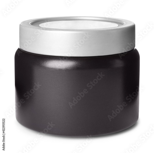 Black jar of cream isolated on white. Men's cosmetics