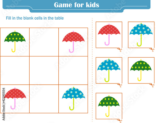  Logic game for children. Fill in the blank cells in the table so that in each row and column the element appears only once