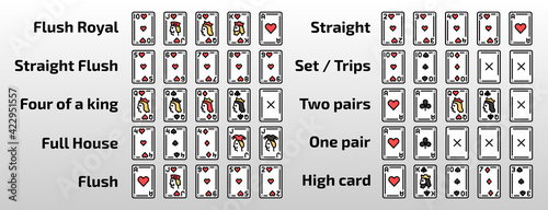 Poker combination playing cards olor line icon set. Gambling.