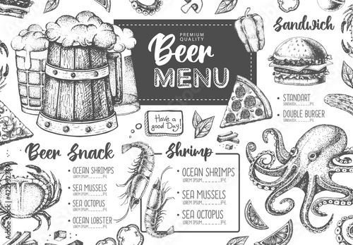 Restaurant beer menu design. Decorative sketch of beer and seafood snack. Fast food menu