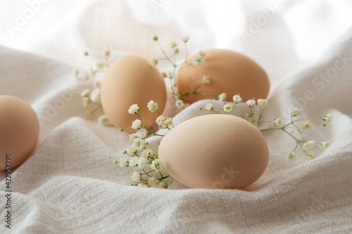 Chicken eggs on white background, selective focus. Happy easter background.