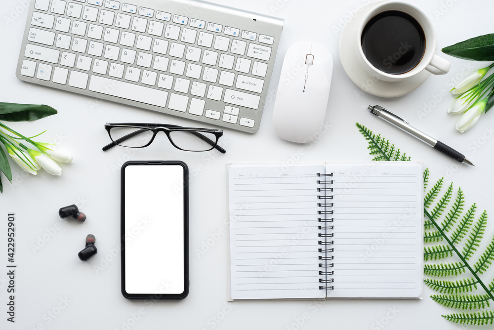 Top view of white space flat creative smartphone office equipment. Mock up