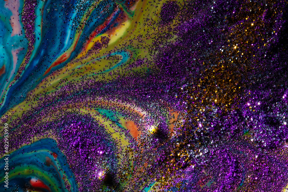 Multi-colored dark background sprinkled with purple and gold sparkles with streaks and waves. Contemporary creativity. A colorful avant-garde painting with rich texture. Multi-colored dark background sprinkled with purple and gold sparkles with streaks and waves. Contemporary creativity. A colorful avant-garde painting with rich texture.