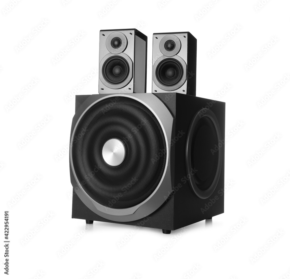 Fototapeta premium Modern powerful audio speaker system on white background